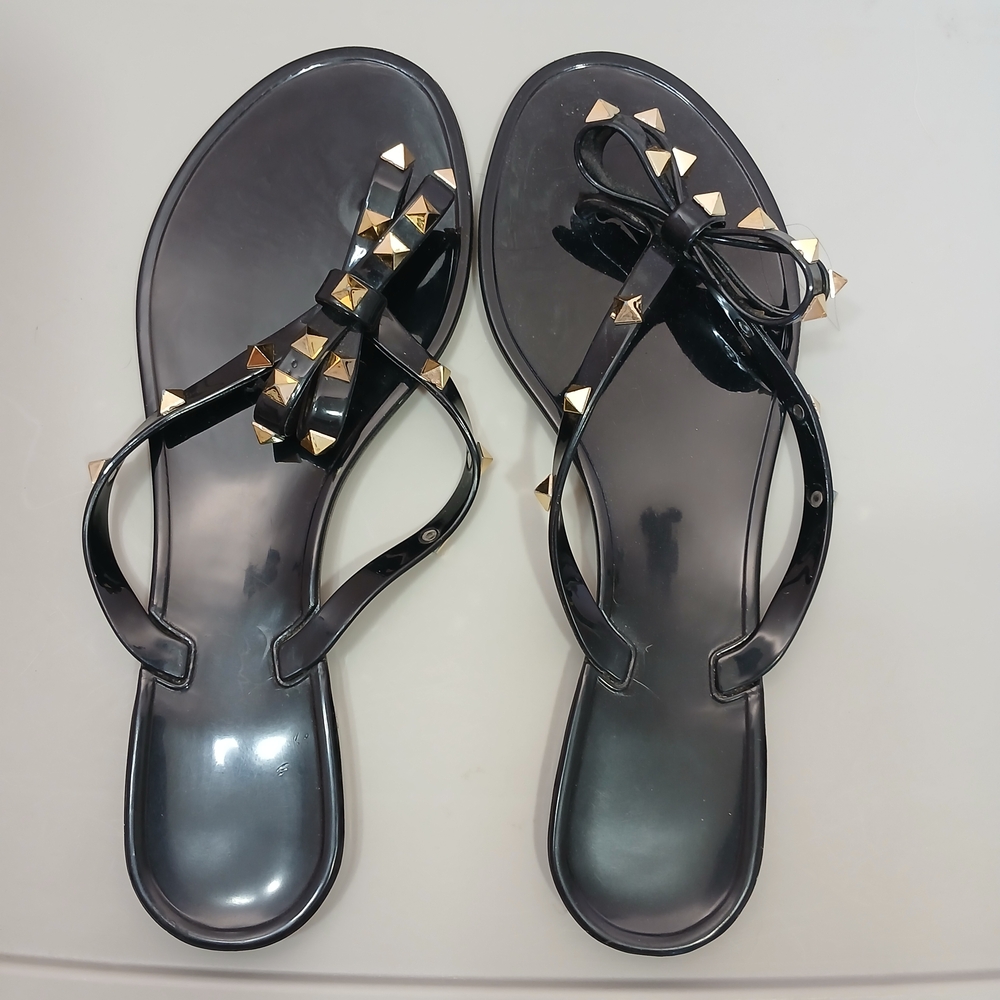 RoseSeek Womens Studded Bowknot Black Sandals with Gold Stud Accents
